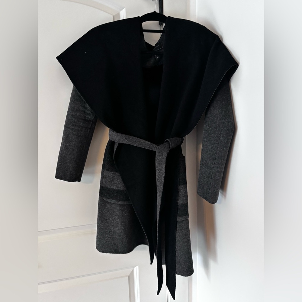 BCBGMaxAzria Two-Tone Shawl Collar Wrap Coat - Black & Charcoal